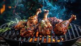 seasoned juicy chicken drumsticks grilled on barbecue with fire and smoke background 