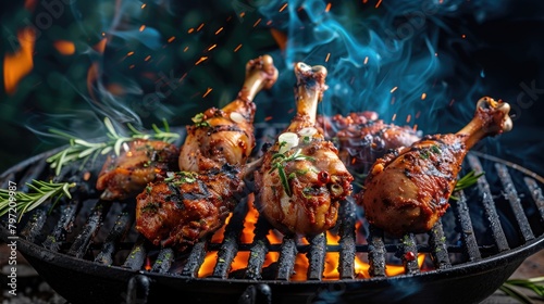 seasoned juicy chicken drumsticks grilled on barbecue with fire and smoke background  photo