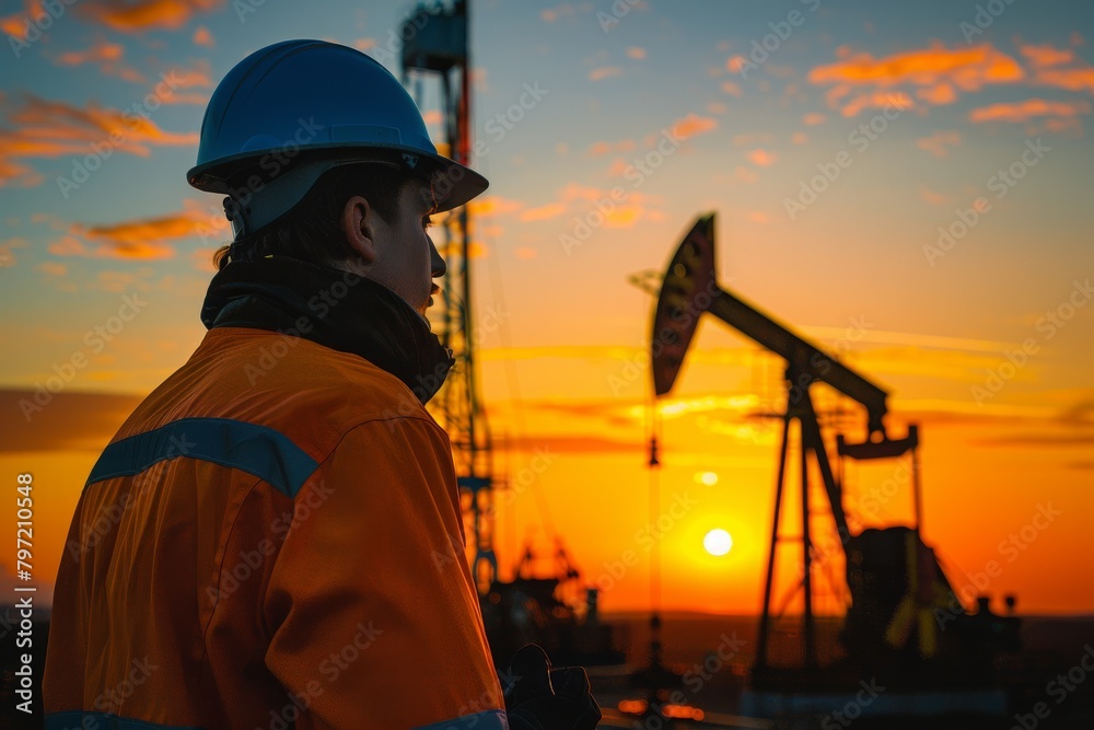 Oil worker checking the pump with sunset Oil worker checking the pump with sunset