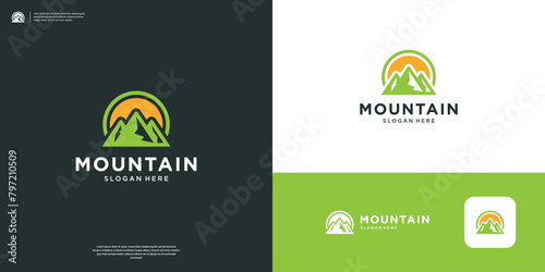 Simple mountain with sunset background logo design template