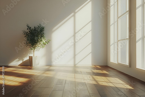 The camera captures a realistic style, with sunlight shining through the window to find white, clean, and flat walls. The light and shadow on the walls, as well as the clean and tidy wooden flooring