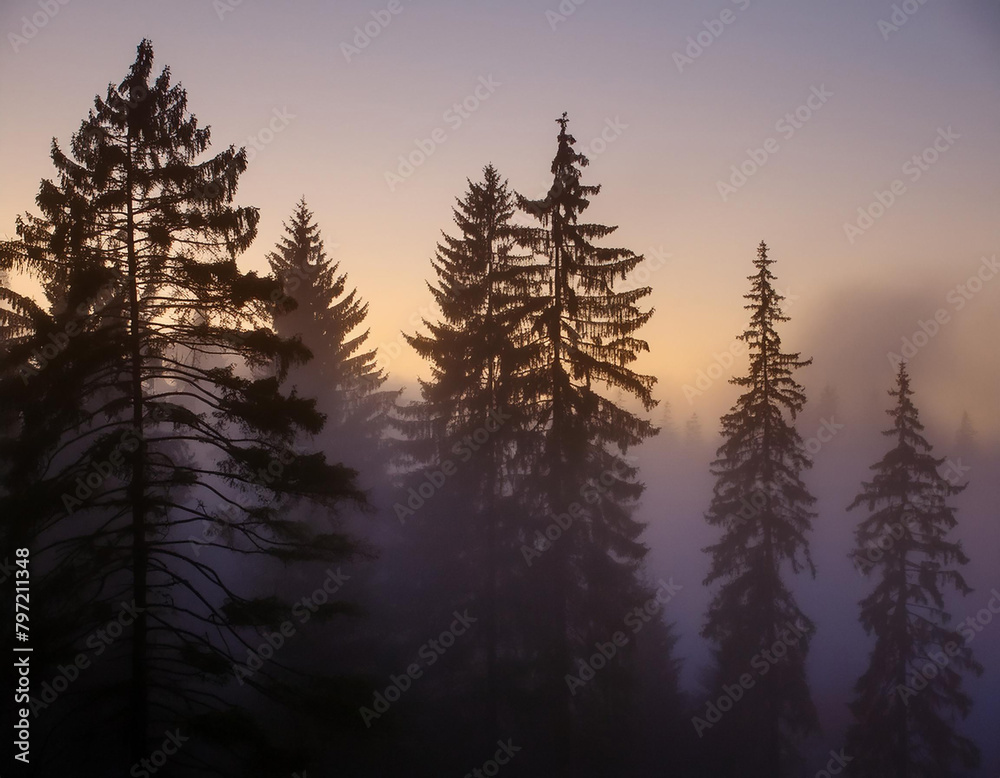 Misty forest at dusk with silhouettes of pine trees