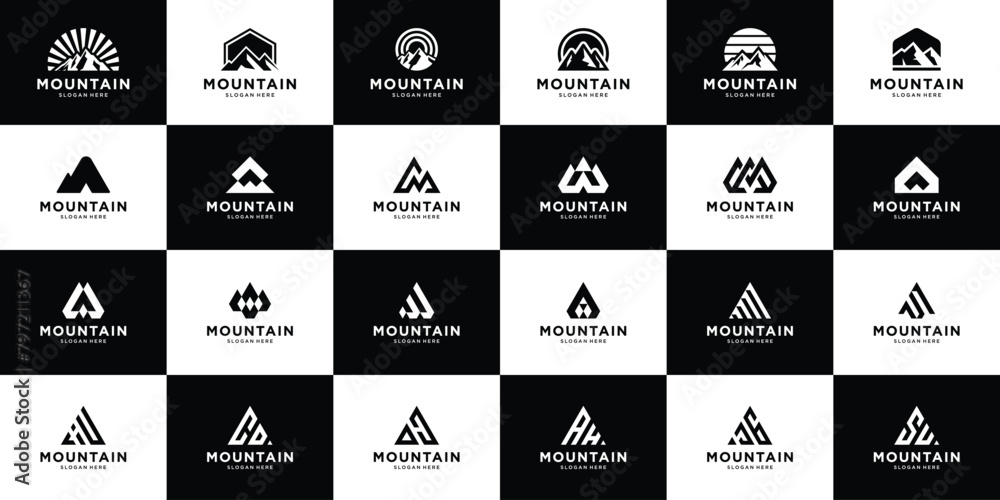 Mountain silhouette icon set logo design. Collection of simple abstract mount, peak, summit logo vector.