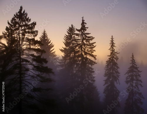 Misty forest at dusk with silhouettes of pine trees