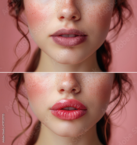 Comparison before and after lip filler injections or permanent lips make up on pink background.