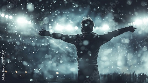 Energetic person celebrating victory in night snowfall, arms spread wide, invoking themes of triumph & determination at Winter Olympics