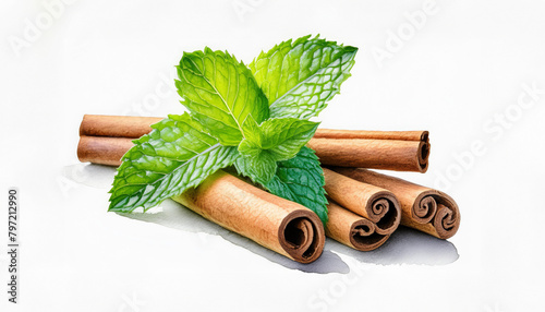 Cinnamon sticks and fresh green mint leaves against a white background