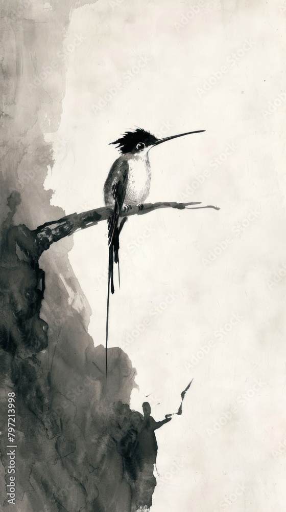 Fototapeta premium Ink painting minimal of hummingbird animal silhouette creativity.