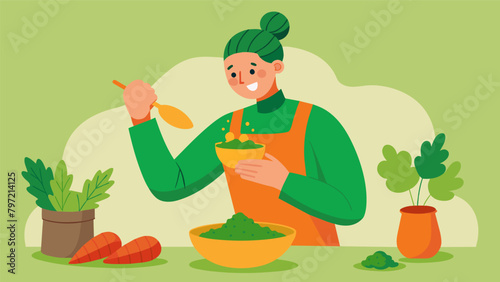 A person creating a pesto sauce from leftover carrot tops instead of traditional basil.