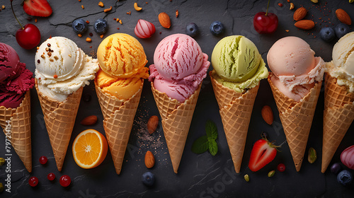 Various of ice cream flavor in cones blueberry , strawberry , pistachio , almond , orange and cherry setup on dark stone background , Summer and Sweet menu concept