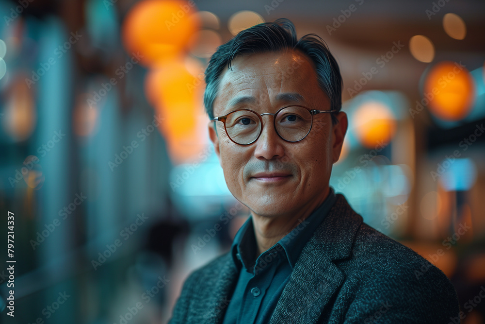 In a stylish office setting, the business chic portrait highlights the sophisticated attire and commanding presence of a middle-aged Asian businessman.