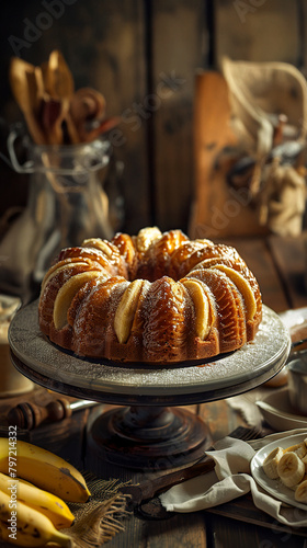 A fresh banana cake with a tempting aroma that fills the kitchen. Cake with a golden surface sprinkled with pieces of banana as a filling.