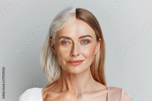 Cosmetics and texture contrast skin texture improvement  focusing on aging stage portrait  aging improvement  skin firmness  and life transition portrait dynamics in dermatology and skin split.