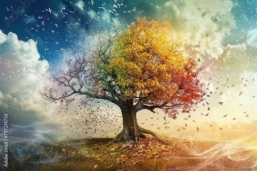 A depiction of a magical money tree changing seasons, showing different financial growth stages --ar 3:2 Job ID: 8c9f1ef1-fdb9-4f34-9a69-4635736a5042 photo