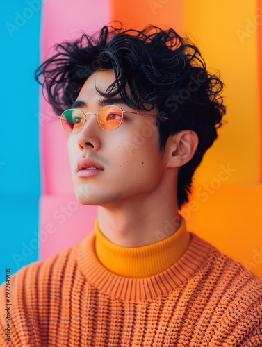 An Asian gay man showcases his style against a pastel studio backdrop in a fashion-inspired portrait.