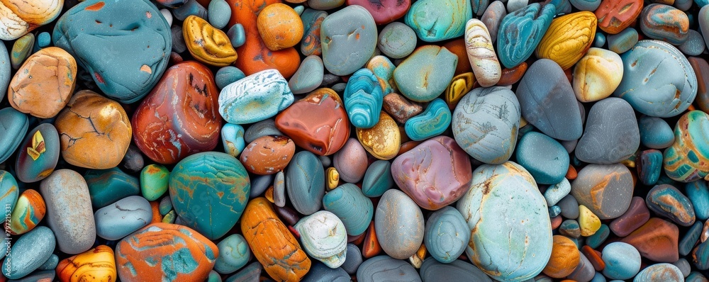Vibrant collection of smooth multicolored river stones, creating a mosaic of natural textures Vibrant collection of smooth multicolored river stones, creating a mosaic of natural textures