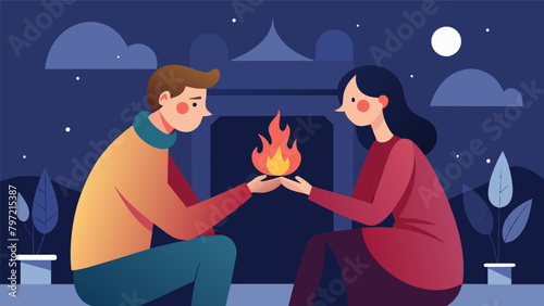 As they warmed their hands by the fireplace a couple shared their deepest desires and fantasies with each other their faces flushed with excitement.. Vector illustration