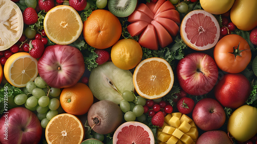 Assorted fresh ripe fruits and vegetables  Food concept background  Top view  Copy space