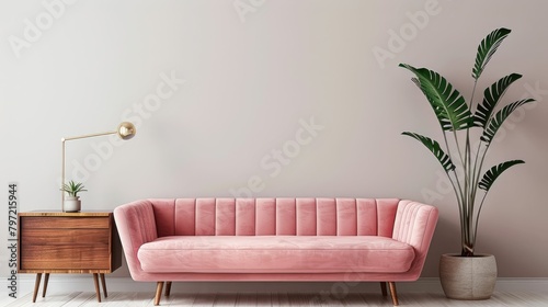 Elegant interior design with a pink velvet sofa, wooden sideboard, brass lamp, and a potted plant in a minimalist setting.