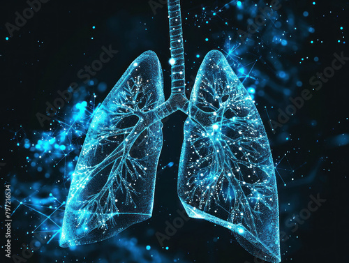 Glowing blue light shining through transparent human lungs in 3D illustration