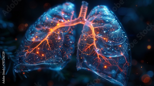 Lungs damaged by smoking with hologram style in blue and shiny red