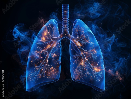 Lungs in hologram blue style with damaged and smoke. illustration for lungs x-ray