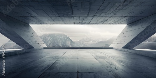 Modern architectural structure with a view of snow-covered mountains through a wide opening. photo