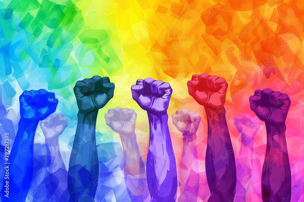 Fists raised in fight on a rainbow background, symbolizing the ...