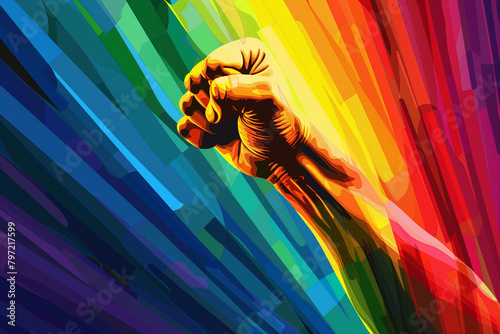 Fist raised in fight on a rainbow background, a powerful statement of solidarity and resilience in the fight against discrimination