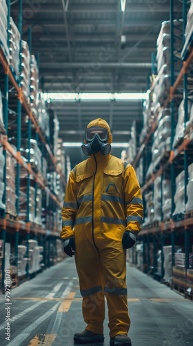 A Warehouse Worker Maintaining cleanliness and safety standards in the warehouse, realistic people photography