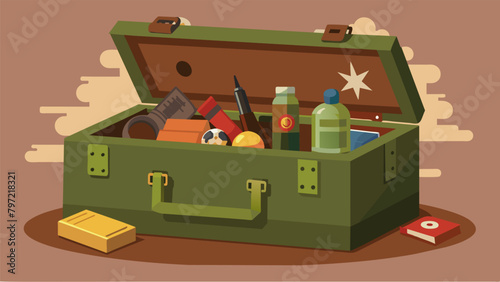 An old ammunition box battered and worn with age serves as a makeshift time capsule. Inside are trinkets and mementos from past conflicts a glimpse. Vector illustration