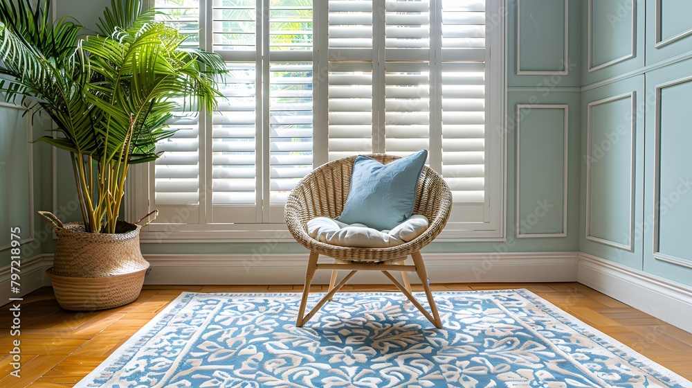 A Coastal Style Home features white plantation shutter windows, breezy ...