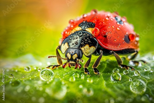 Macro photo of a ladybug on a green grass with dew, morning dew, lady bug, ladybug on top of a wet leaf, extreme close up of a ladybug © Thomas Parker