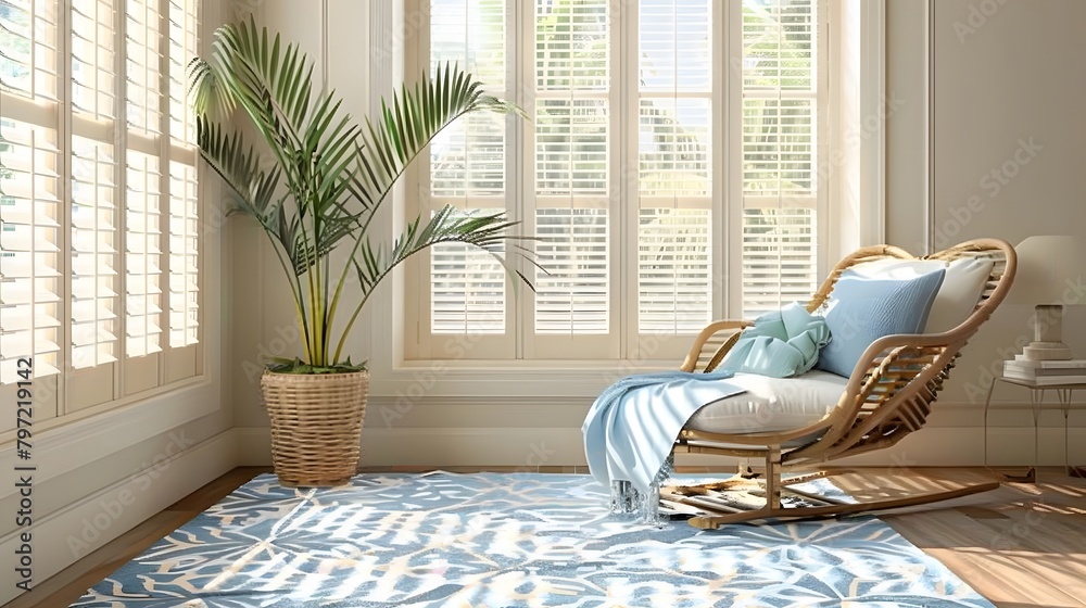 A Coastal Style Home features white plantation shutter windows, breezy ...