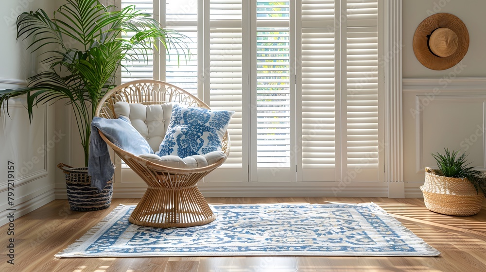 A Coastal Style Home features white plantation shutter windows, breezy ...