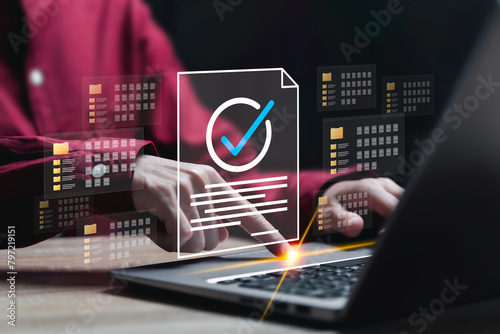 Document management, Online secure document storage and search engine concept, Businesswomen use laptops search Important certificate documents, Efficiently document paperless operate system, sucurity