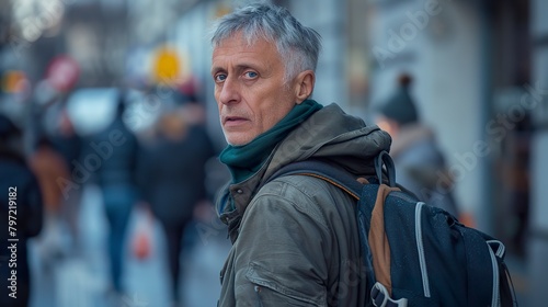 Portrait of a 60-year-old man with short gray hair, displaying a mix of resilience and determination. Man with a serene and wise look in a blurred setting. © Vagner Castro