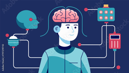 A medical illustration of a brain implant connecting to a persons nervous system enabling them to access artificial intelligence capabilities..