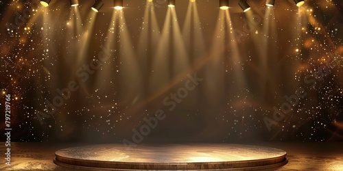 Empty wooden stage with spotlights and sparkling golden particles in a dark theater setting.