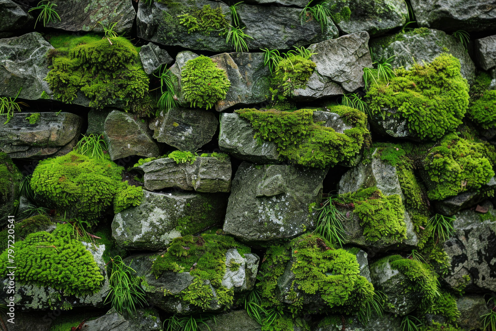 Moss-covered surface of stones or rocks in natural settings like forests or gardens. Mossy stone textures offer a tranquil and organic backdrop