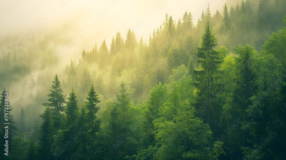 A misty forest scene with tall trees and dense foliage, evoking the tranquility of nature's beauty. For Design, Background, Cover, Poster, Banner, PPT, KV design, Wallpaper