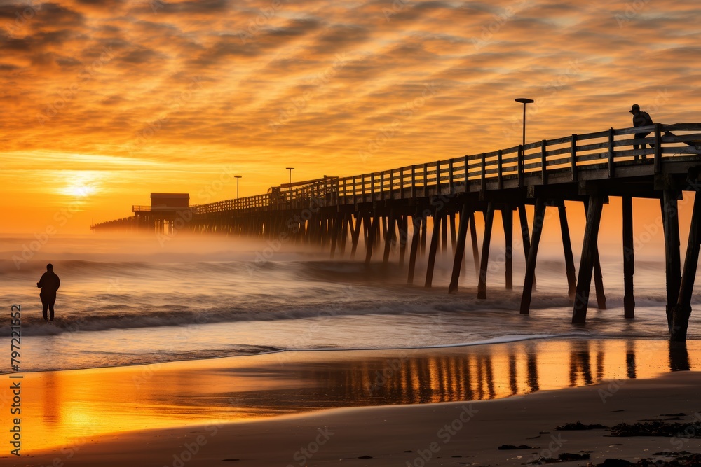 A Serene Sunrise Embraces a Solitary Figure Standing Before the Weathered Wood of a Sleepy Seaside Fishing Pier