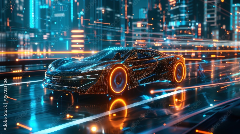 3D rendering of an electric car with data lines. Generate AI image