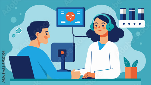 A virtual neurologist conducting a remote consultation with a patient who is wearing a device that continuously collects data on their brain function..