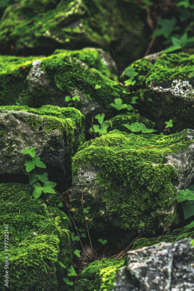 Moss-covered surface of stones or rocks in natural settings like forests or gardens. Mossy stone textures offer a tranquil and organic backdrop Moss-covered surface of stones or rocks in natural settings like forests or gardens. Mossy stone textures offer a tranquil and organic backdrop