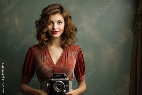 A Radiant Smile Captured in Time: An Aspiring Model Poses Elegantly in Front of the Vintage-Inspired Shutterbug Photo Studio photo