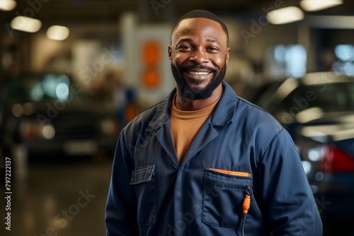 A Smiling Mechanic with Grease-Stained Overalls Proudly Standing in Front of His Bustling Auto Repair Shop at Dusk