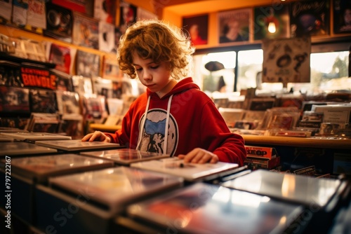 A Melodic Encounter: Young Music Enthusiast Immersed in Vinyl Vibes at the Retro Record Store on a Sunny Afternoon