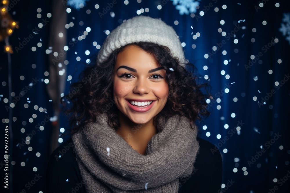 Captivating Portrait of a Radiant Woman Posing with a Charming Smile in Front of a Festive Winter-Themed Photo Booth Adorned with Snowflakes and Twinkling Lights Captivating Portrait of a Radiant Woman Posing with a Charming Smile in Front of a Festive Winter-Themed Photo Booth Adorned with Snowflakes and Twinkling Lights