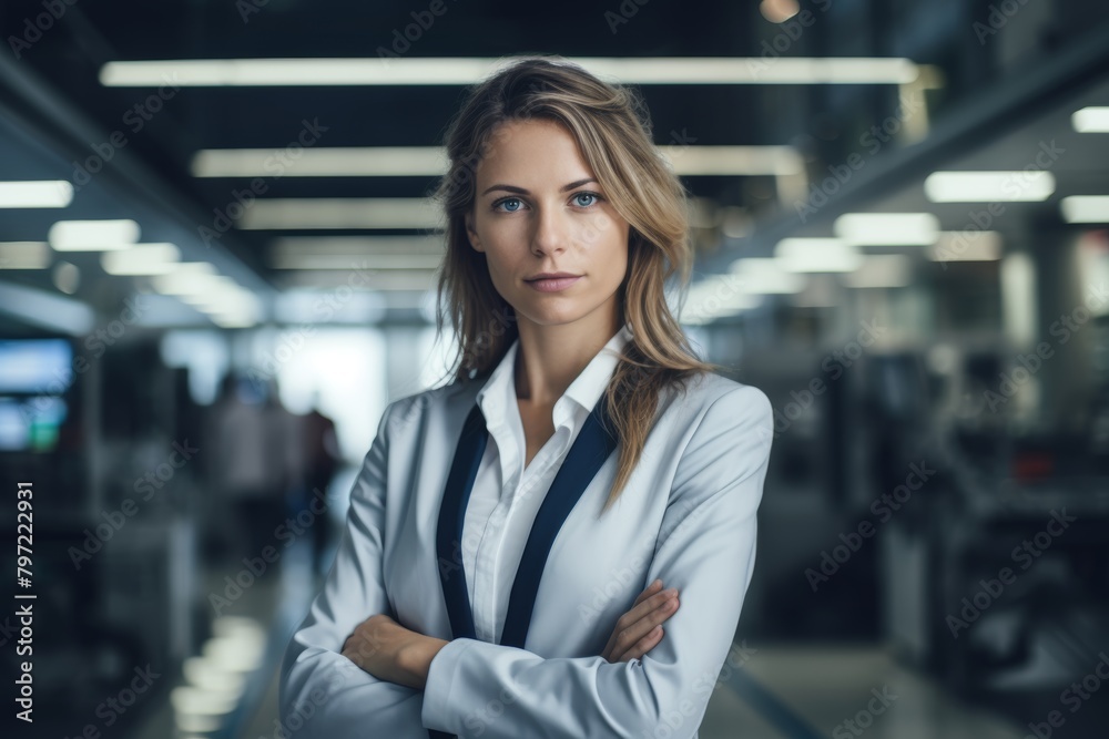 Fototapeta premium A Vision of Modern Brilliance: A Confident Female Engineer Standing Proudly Before the High-Tech Facade of Her Advanced Engineering Laboratory